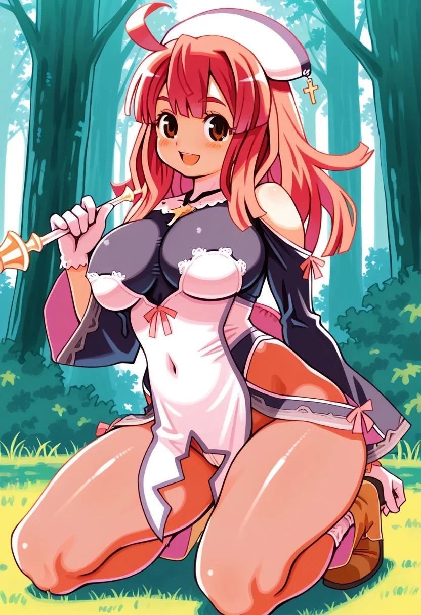 ryoji_(nomura_ryouji),masterpiece,anime_coloring,anime_clothing,amazing_quality, 1girl, Priere_La Pucell, dress, large breasts, ahoge hat pantyhose gloves, footwear, short boots , thighs,solo,forest,blush cheek,light smile,open mouth,shiny skin,close-up,dynamic angle,kneeling,Holding the baton in hand,