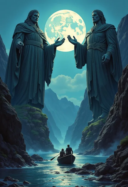 In the twilight of Middle-earth, two massive statues of kings rise on either side of a flowing river, their hands raised in silent command. A small boat passes beneath them, its passengers dwarfed by the stone sentinels. Above, the moon glows brightly, casting a pale light across the water, illuminating the intricate details of the statues’ worn features. The statues loom large, majestic, and timeless, marking the boundary of a long-forgotten realm. The scene is steeped in the mythos of Lord of the Rings, where the vastness of the statues stands in stark contrast to the fleeting journey of the boat.  Inspired by John Howe, Alan Lee, Ted Nasmith, J.R.R. Tolkien, best quality,masterpiece ,  mysterious, emotional, expressive, poignant, disturbing,  colorful, brushstrokes, dry brush, dramatic,tragic, perfection, paiting, concept art, detailed, acid deep colors, stunning color scheme, mesmerizing and otherworldly visual experience, complex, high resolution, artistic, proffesional, composition explores the boundaries of reality, creating a visually arresting scene that defies conventional norms