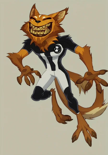 score_9, score_8_up, score_7_up, screencap,   <lora:ben10-07:1> ben10, solo, no humans, full body, bodysuit, badge,detailed background, wild mutt, orange fur, anthro, no eyes, no ears, no nose, smiling, showing teeth, sharp teeth,