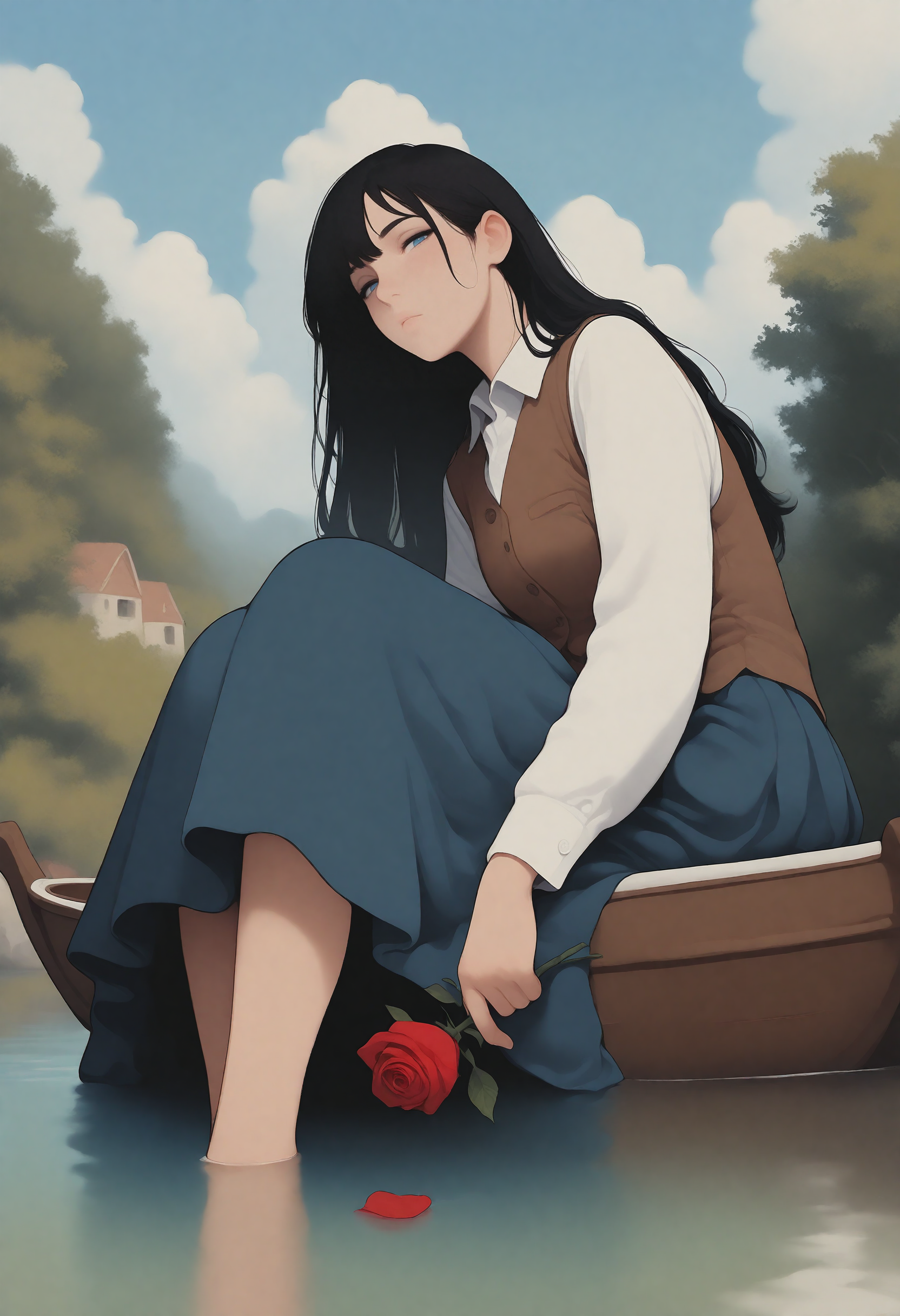 masterpiece, best quality, very aesthetic, 1girl, solo, dark hair, long hair, blue eyes, looking at viewer, holding rose, half-closed eyes, white collared shirt, brown vest, pleated skirt, long skirt, sitting, knees up, feet out of frame, upper body, day, Eleanor \(people's works\), boat, river, cloud, blue sky, (from below), (realistic:0.2)