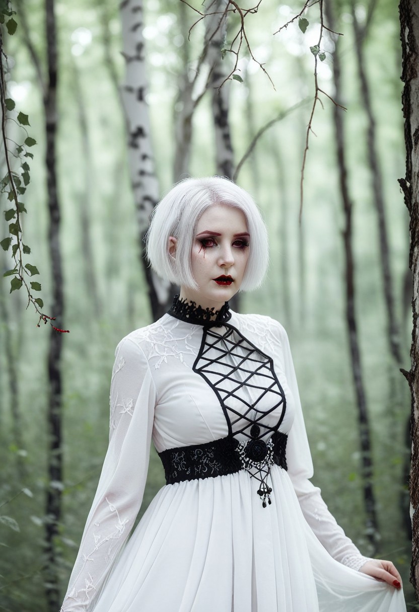 depth of field, fantasy photoshoot, photo, professional photoshoot,
1girl, ghost, tall, pale skin, themes of fabric and blood,
short hair, white dress, gothic jewelry, white hair,
summer forest, branches in foreground, blurry foreground, trees in background,
realistic, blurry