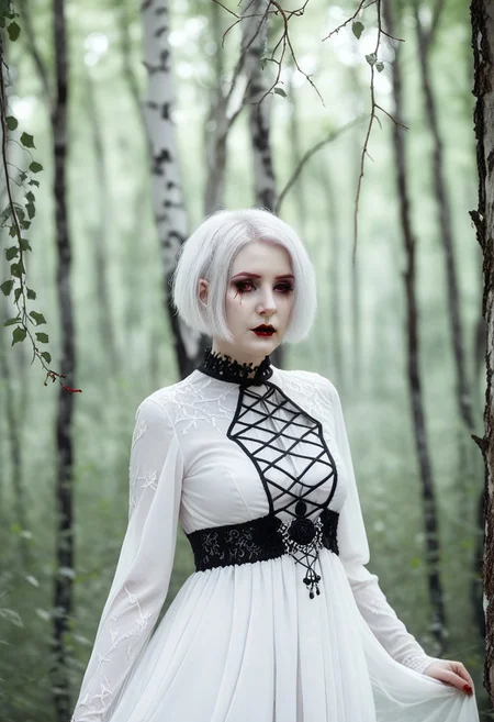 depth of field, fantasy photoshoot, photo, professional photoshoot,
1girl, ghost, tall, pale skin, themes of fabric and blood,
short hair, white dress, gothic jewelry, white hair,
summer forest, branches in foreground, blurry foreground, trees in background,
realistic, blurry
