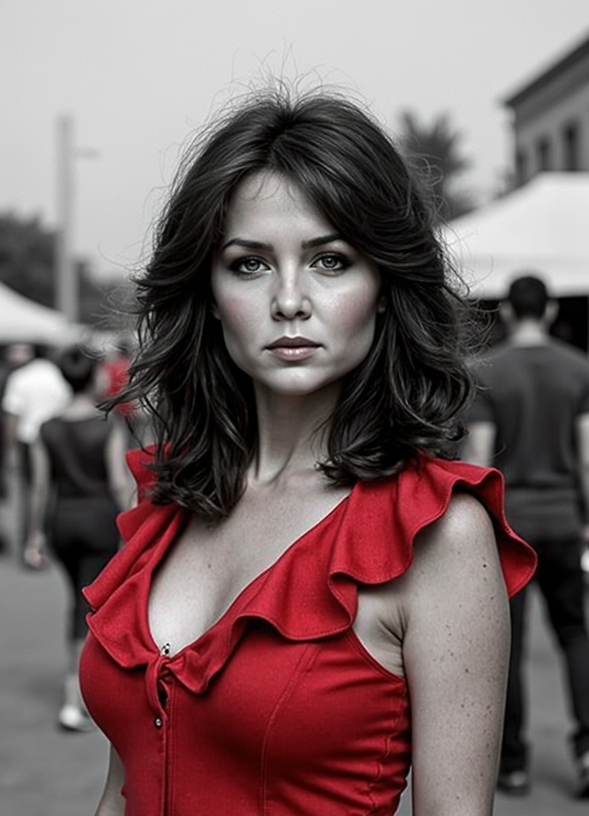 SFW, brightly lit, young, The image is a black and white portrait of a woman with dark hair styled in loose curls. She is wearing a red dress with ruffles on the shoulders and neckline. The woman is looking directly at the camera with a serious expression on her face. The background is blurred, but it appears to be an outdoor setting with people walking around. The overall mood of the image is dramatic and edgy., aidmaimageupgrader<lora:flux\custom\celebrity\lisa-hartman.safetensors:1.0:1.0> <lora:turbo-8-step-flux.safetensors:0.5:0.5> <lora:flux\style\Common\aidmaImageUprader-FLUX-v0.3.safetensors:0.25:0.25>