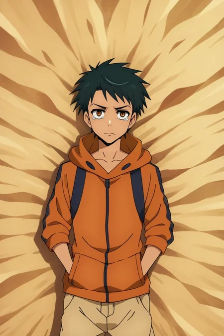 zPDXL, score_9, score_8_up, score_7_up, rating_safe, , looking at viewer, depth of field, 1boy, ash ketchum, pokemon, black hair, brown eyes, solo, from above, sahara desert, day, clouds, lying, on back, tearing up, <lora:kami_no_tou_style_pony:1.14>, kami_no_tou_style, , <lora:sdxl_lightning_8step_lora:1>