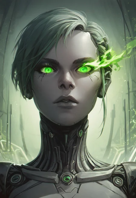 score_9, score_8_up, score_7_up, score_6_up, close-up portrait, 1girl, solo, grey skinned, android, metallic colored skin, glowing eyes, green theme, circuit board tattoos, tubes coming out of the head, cables, neon, science fiction, circuit board background, easynegative, Expressiveh, shodan, (green) flaming eye, (green) eye trail