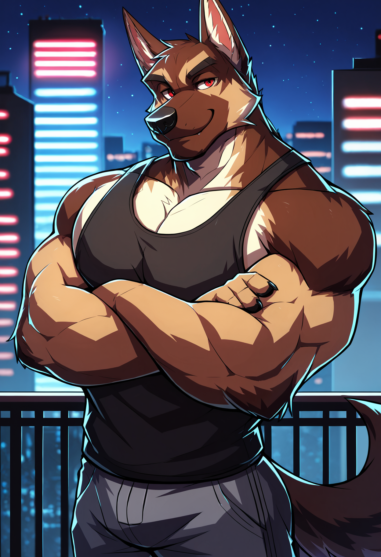 score_9, score_8_up, score_7_up, (detailed face, detailed body, detailed background, perfect hands, perfect anatomy, masterpiece, high quality, best quality), digital media \(artwork\), source_furry BREAK male focus, balcony, skyscraper, neon lights, starry night, cowboy shot, dog, brown fur, anthro, red eyes, muscular, broad shoulders, big pecs, crossed arms, black tanktop, smiling at viewer, seductive, drks_style <lora:DRKS Style_V1:1>