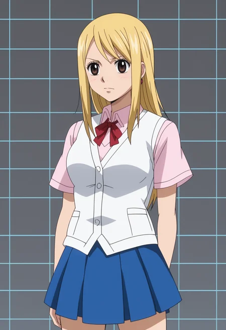 score_9, score_8_up, score_7_up, anime screencap, BREAK, 1girl, solo, <lora:DX888Lucy:1> lucy heartfilia, brown eyes, long hair, pink shirt, white vest, skirt, BREAK dark gray background, simple background, grid background, Swaying hips side to side
