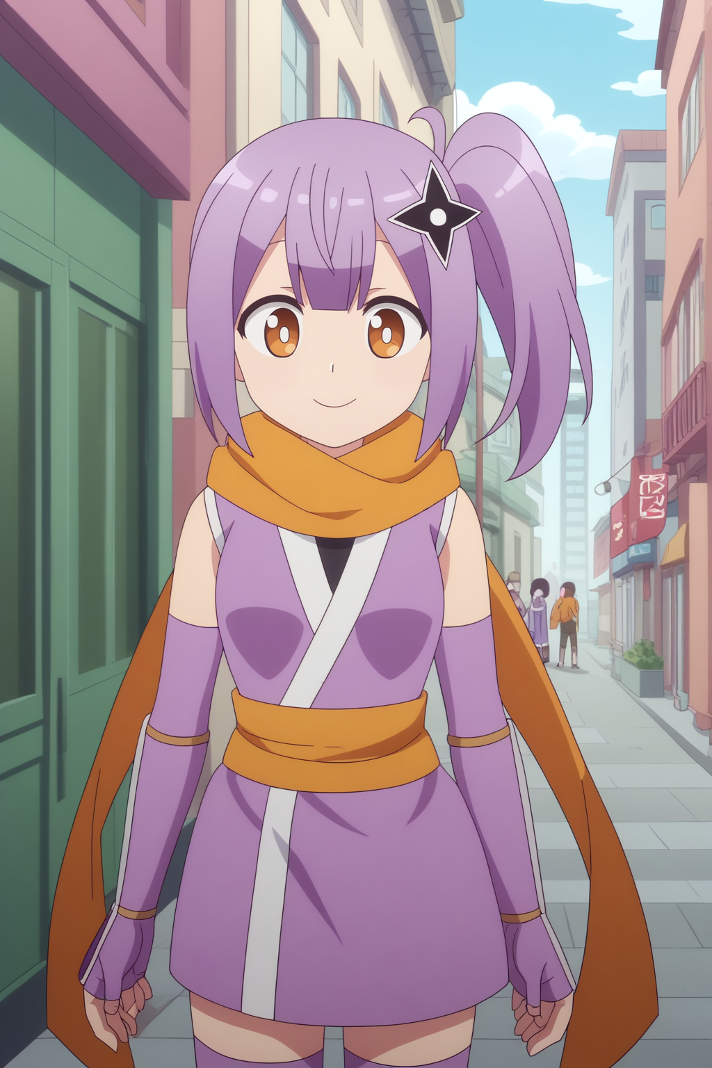 anime screencap, anime coloring, score_8_up, perfect background, outdoors, city, Satoko Kusagakure, purple kimono, sleeveless kimono, kunai, orange scarf, ninja, zettai ryouiki, purple thighhighs, purple elbow gloves, light smile <lora:Ninja_to_Koroshiya_no_Futarigurashi_-_Satoko_Kusagakure_-_PDXL:0.8>
