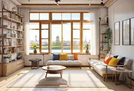 front view, anime-style, modern-style interior, with white walls and large windows, Nordic-style furniture, a  study, Sofa, coffee table, bookcase, single wall, 
warm light morning sun, (the view of the city)