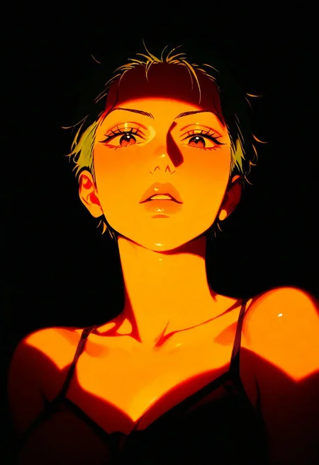 1boy,Roronoa Zoro (One Piece), lips, thin lips, parted lips, solo, looking at viewer, camisole, upper body, dark, underlightling, masterpiece, best quality, very aesthetic