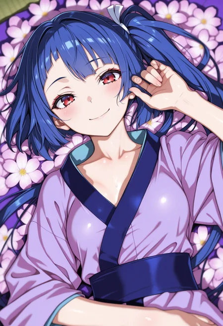 masterpiece, best quality, amazing quality, very aesthetic, high resolution, ultra-detailed, absurdres, <lora:amtsk-il:1> 1girl, amatsuku, kimono, smile, red eyes, lying, flower, solo, yoneyama mai, (official art:0.6), momisan, (depth of field)