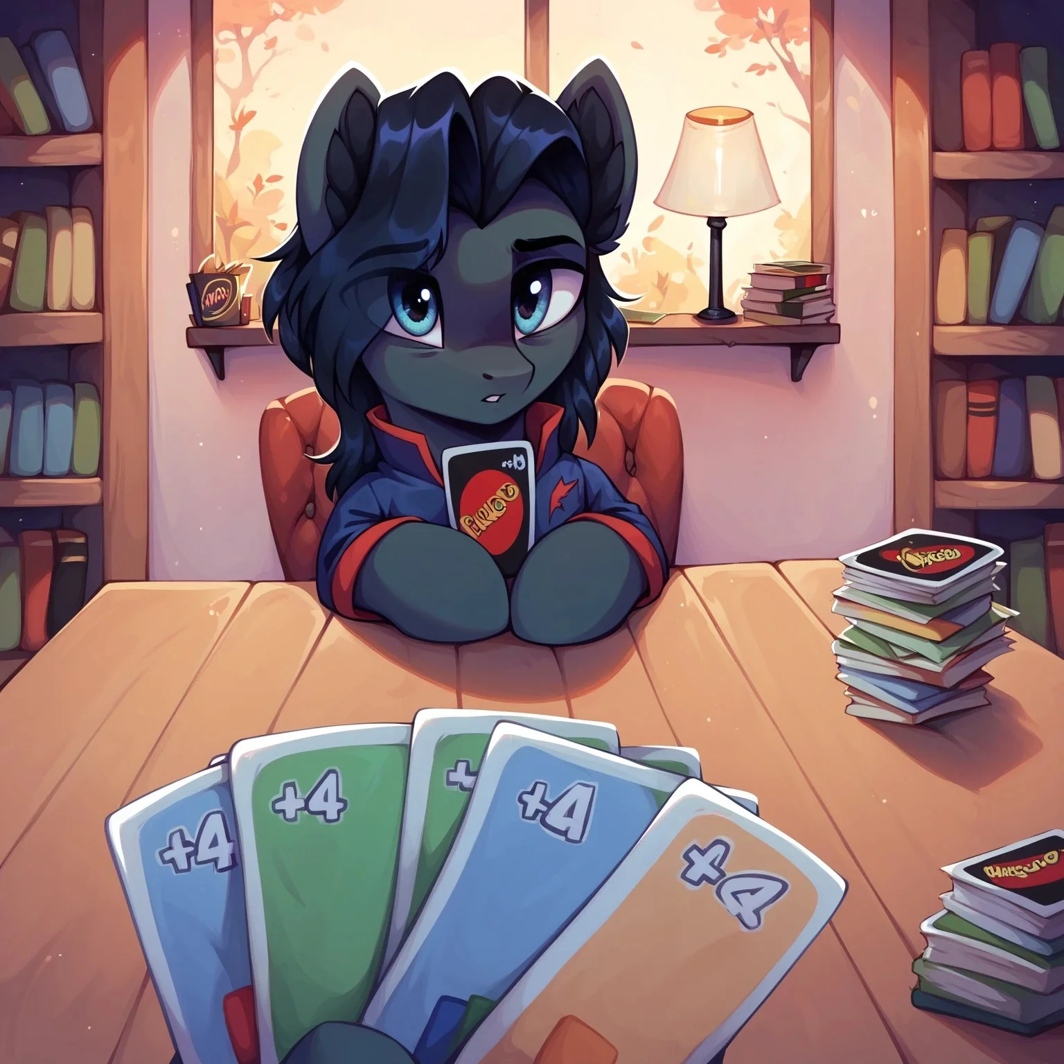 masterpiece, score_9_up, score_8_up, score_7_up, score_6_up, (best quality:1.1), ultra-detailed, high resolution, solo, Sinister Serov, pony, mlp, feral, thin eyebrows, blue eyes, stallion, male, pony ears, black ear fluff, black skin, black mane, tail BREAK <lora:ImminentUnoLossMeme_pdxl_Incrs_v1:0.8> holding card, pov, playing card, table, detailed background, home, bookshelf, lamp on table, expressiveh, highly visible, sharp focus, anatomically correct