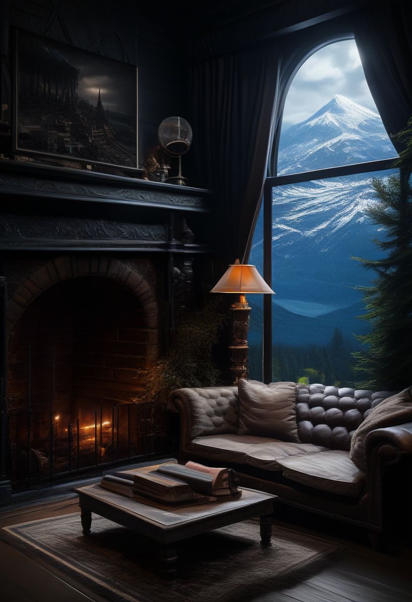 score_9, score_8_up, score_8, 
BREAK, 
zzDarkAcademia, sky, tree, cup, pillow, book, no humans, window, night, chair, table, plant, curtains, couch, wooden floor, mountain, bookshelf, lamp, candle, cushion, armchair, carpet, candlestand, rug, chandelier, fireplace,
BREAK,
subsurface scattering, soft lighting, contemplative expression, dark background, subtle makeup, high-resolution, detailed texture, emotional depth, dramatic mood, side profile, serene atmosphere, cinematic lighting. perfectly round breasts, big breasts, firm breasts, SkinHairDetail, eye contact