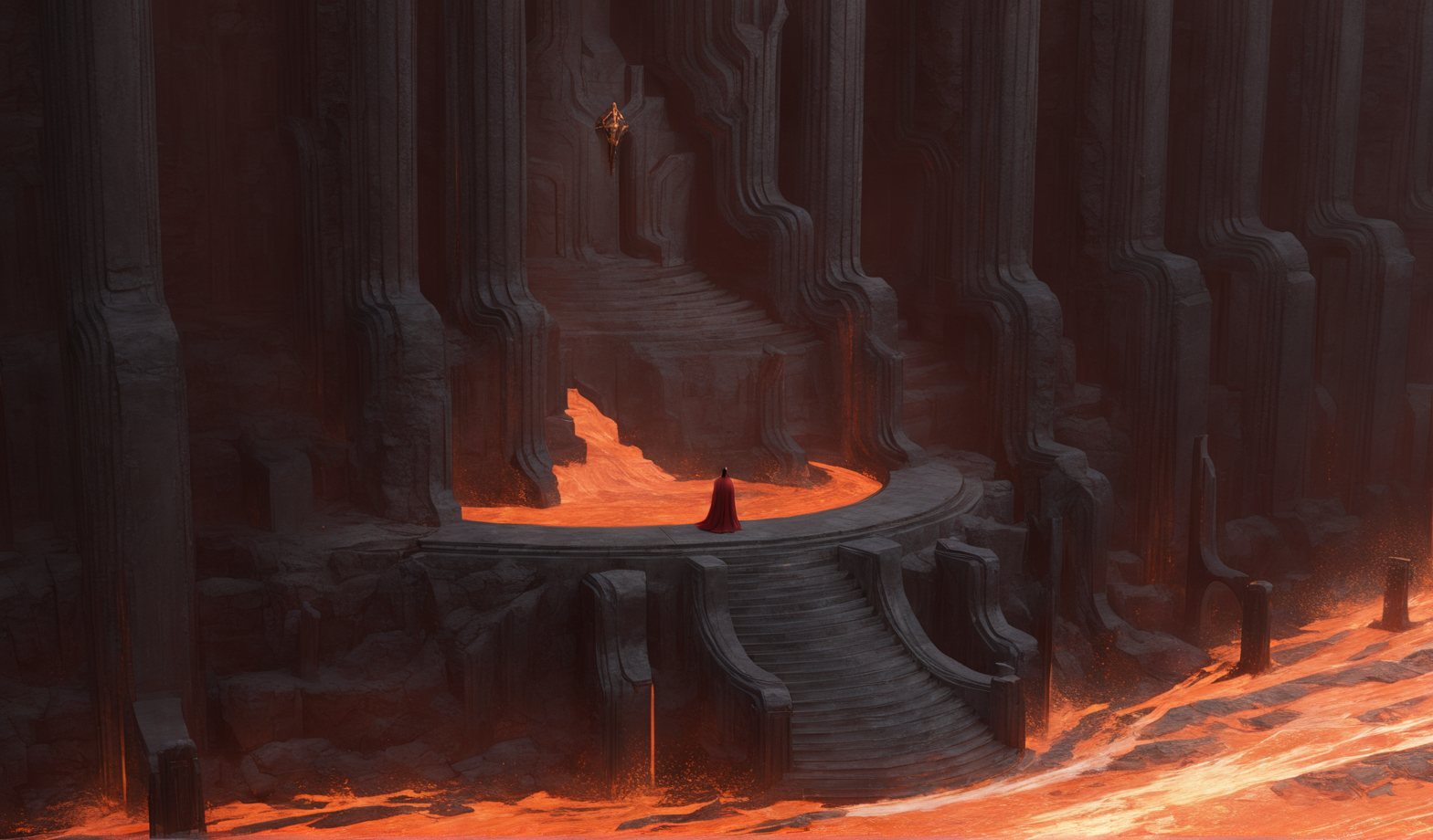 Scene concept, lava field, 3D rendering, ultra-clear details, masterpiece, high quality, scenery, solo, 1girl, pillar, wide shot, cloak, standing, stairs, sitting, 1other, from behind, throne, cape, long hair<lora:çå²©ä¹å°:0.8>