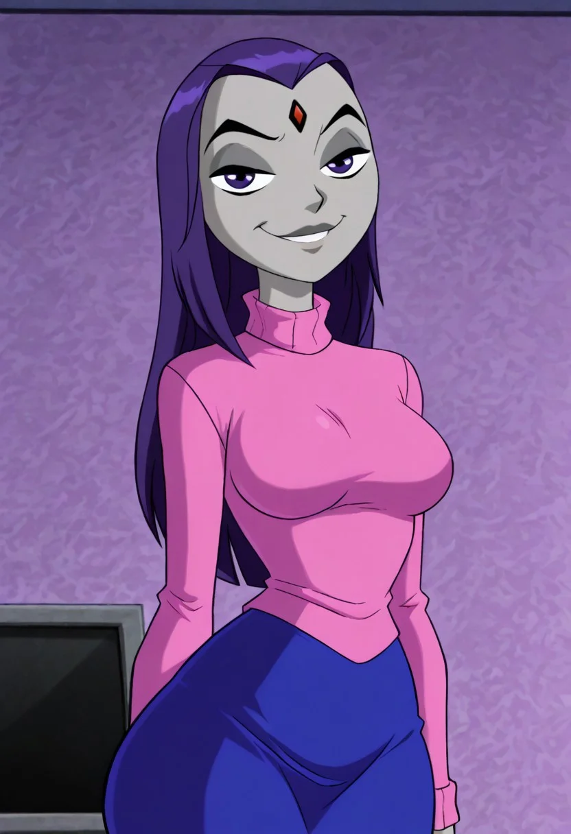 score_9, score_8_up, score_7_up, ultra quality, solo, 1girl, raventt, grey skin, purple, purple eyes, purple hair, long hair, forehead jewel, pink sweater, blue skirt, milf, mature female, smug smile, hips focus, breasts, big hips, big butt, bubble butt, curvy, narrow waist, standing, upper body, looking to the viewer, close up, screencap