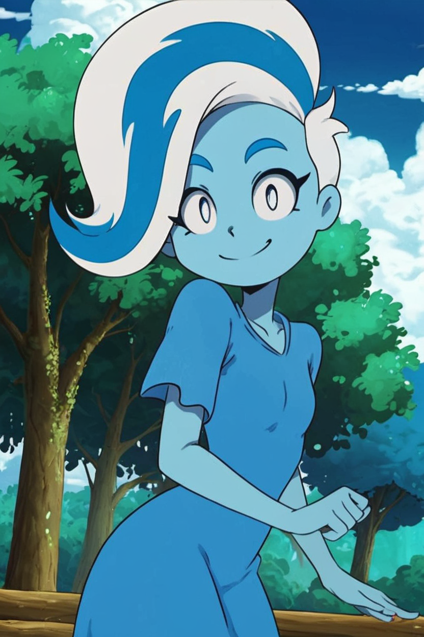 score_9, score_8_up, score_8, medium breasts, (curvy), cute, eyelashes,       BREAK, ,  zzPhantasma, 1girl, colored skin, white hair, multicolored hair, short hair, white eyes, two-tone hair, blue skin, blue hair,  blue dress, short sleeves, blue theme, <lora:Phantasma_PDXL:0.8>,, BREAK, smile, looking at viewer, cowboy shot, ,,, outdoors, sky, day, cloud, tree, blue sky, sunny,  ,,, Expressiveh, ,,, <lora:Alola_Style_PDXL:0.8>, <lora:Expressive_H-000001:0.4>,