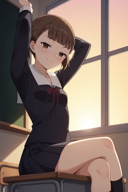 score_9, score_8_up, score_7_up, source_anime, 1girl, prefect lighting, very aesthetic, intricate details, highly detailed background, masterpiece, high quality, prefect hands, best quality, solo,
<lora:Maki_Shijou_Kaguya-sama_Love_Is_War_V1:.85>, KJOmaki, brown hair, brown eyes, blunt bangs, short twintails,
black school uniform,
smug, head tilt, blush, leaning against wall, head tilt, blush, sitting on desk, from below, crossed legs, arms up,
classroom, sunset,
(Beautiful, small Breasts:1.2), natural breasts,