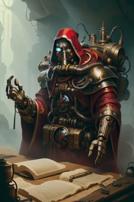 ((masterpiece,best quality)), absurdres, mechanical arms, robes, hood, ((techpriest)), cyborg, mechanical face, (ExpeditionStyle) mechanical limbs, gas mask, red robe, 1other, solo,