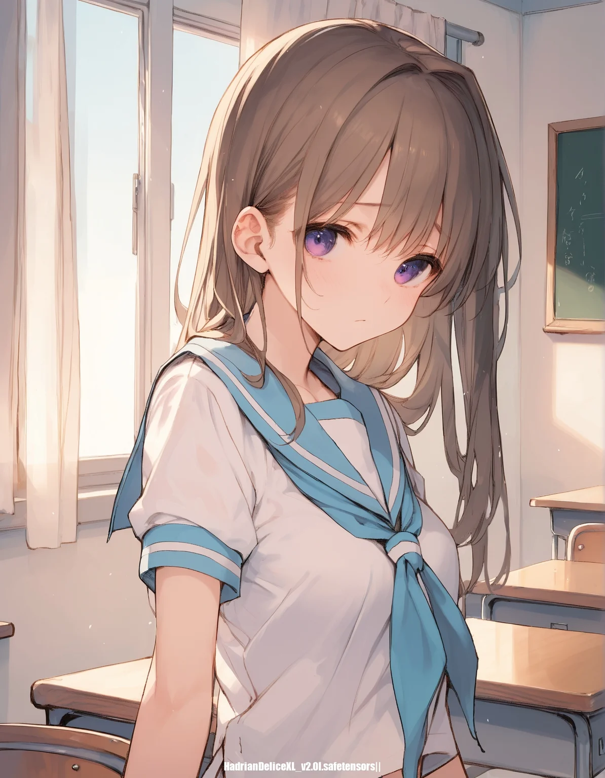 score_9,score_8_up,score_7_up,score_6_up,score_5_up, hd5,ttm,, 1girl,((thin,slim,skinny)),brown hair,long hair, purple eyes, short sleeves serafuku, curtains,classroom,upper body, shy,looking at viewer, expressionless,