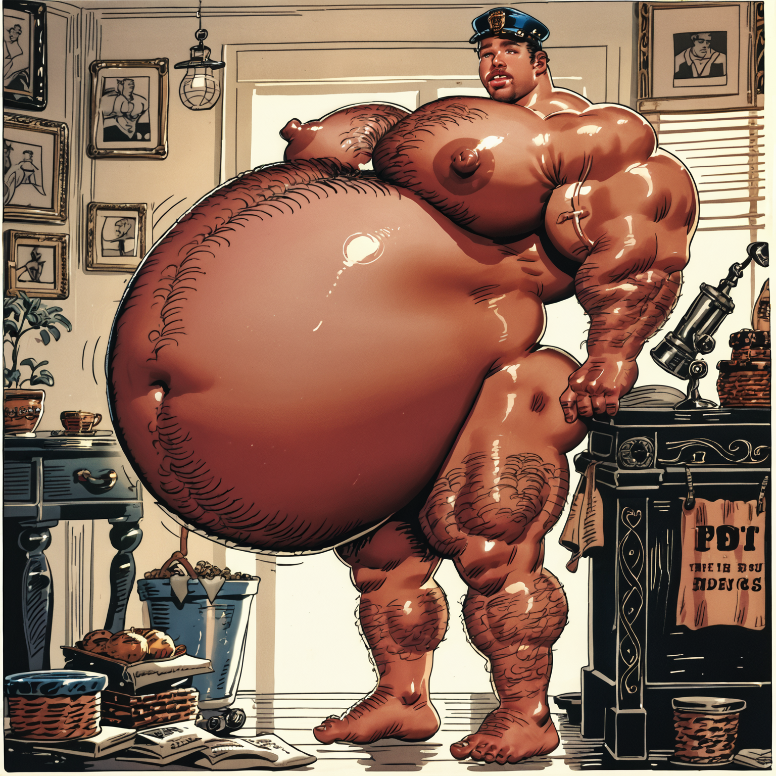 score_9, score_8_up, score_7_up, warren_davis, male, ((gigantic belly, hyper fat)), belly expansion,barefoot, hyper biceps, hairy, huge pecs, muscular legs <lora:Warren_Davis_mix_v2:1>, huge nipples,