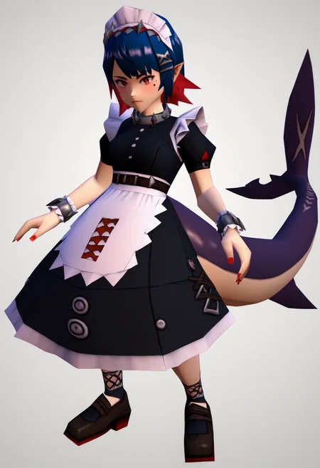score_9, score_8_up, score_7_up, uncensored, source_anime, 1girl, <lora:spzzzEllenJoeXLPony:0.7> ellendef, mole under eye, x hair ornament, fins, maid headress, shark tail, maid, black dress, frills, maid apron, red nails, wrist cuffs, belt, <lora:zs_N64ZeldaStyleXL:1> n64zeldastyle, 3d, polygonal, white background, full body