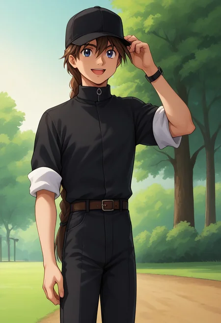 score_9, score_8_up, score_7_up, source_anime, highly detailed,
duomaxwell, 1boy, male focus, solo, brown hair, braid, single braid, long hair, smile, very long hair, blue eyes, shirt, black shirt, sleeves rolled up, belt, black pants, priest collar, hat, baseball cap, black headwear, open mouth, smile, hand on headwear,
outdoor,
