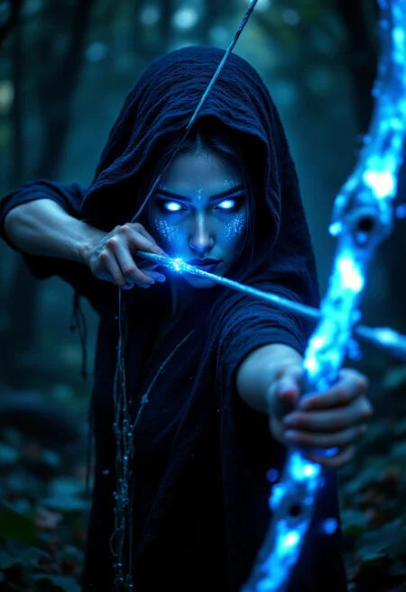 portrait featuring a person with glowing blue eyes and intricate facial markings, set in a mystical forest environment. The subject, with fair skin, is wearing a dark hooded cloak that partially obscures their face, adding to the mysterious atmosphere. They are holding a bow with an ethereal, luminescent blue string and arrow, which emits a soft glow that contrasts with the dimly lit forest background. The composition is centered, focusing on the intense gaze and dynamic pose of the subject, creating a sense of movement and tension. The overall color palette is dominated by cool tones, enhancing the otherworldly and magical theme of the image. aidmafluxpro1.1 <lora:aidmaFLuxPro1.1_v0.3:1>