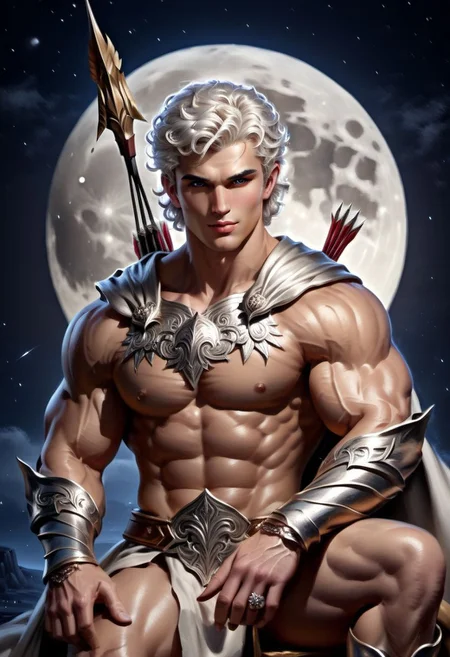 4k, digital art, semi realistic, fantasy, best quality, masterpiece, very detailed, wide camera angle, dynamic camera angle, dynamic pose, close up, portrait of a male bodybuilder, 20 years old, pale skin, platinum hair, curly hair, short hair, moon on the forehead, very handsome, silver eyes, big eyes, anime eyes, defined eyes, defined eyebrows, greek god, greek warrior, wearing a silver tunic, with a bow and arrow, ancient greece, sitting on a foresg, night sky on the background, big moon (cinematic light, volumetric), splash art