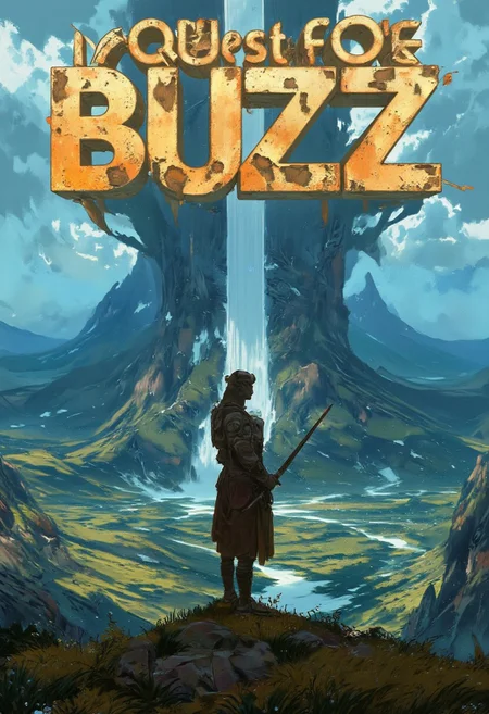 The words: "QUEST FOR BUZZ" are written in 3D textured lettering, Along the bottom third of the image is the subheading: "where tf is it?", sc3n1ch0r1s0ns, the image is a ultra_detailed digital rendering of a slender and fit barbarian man wearing tribal leather tattered clothing, standing dynamically on a mountain ridge, he's brandishing a long sword, He is overlooking a vast landscape of rugged mountainous and rolling grass hills terrain, the vibrant colours pop