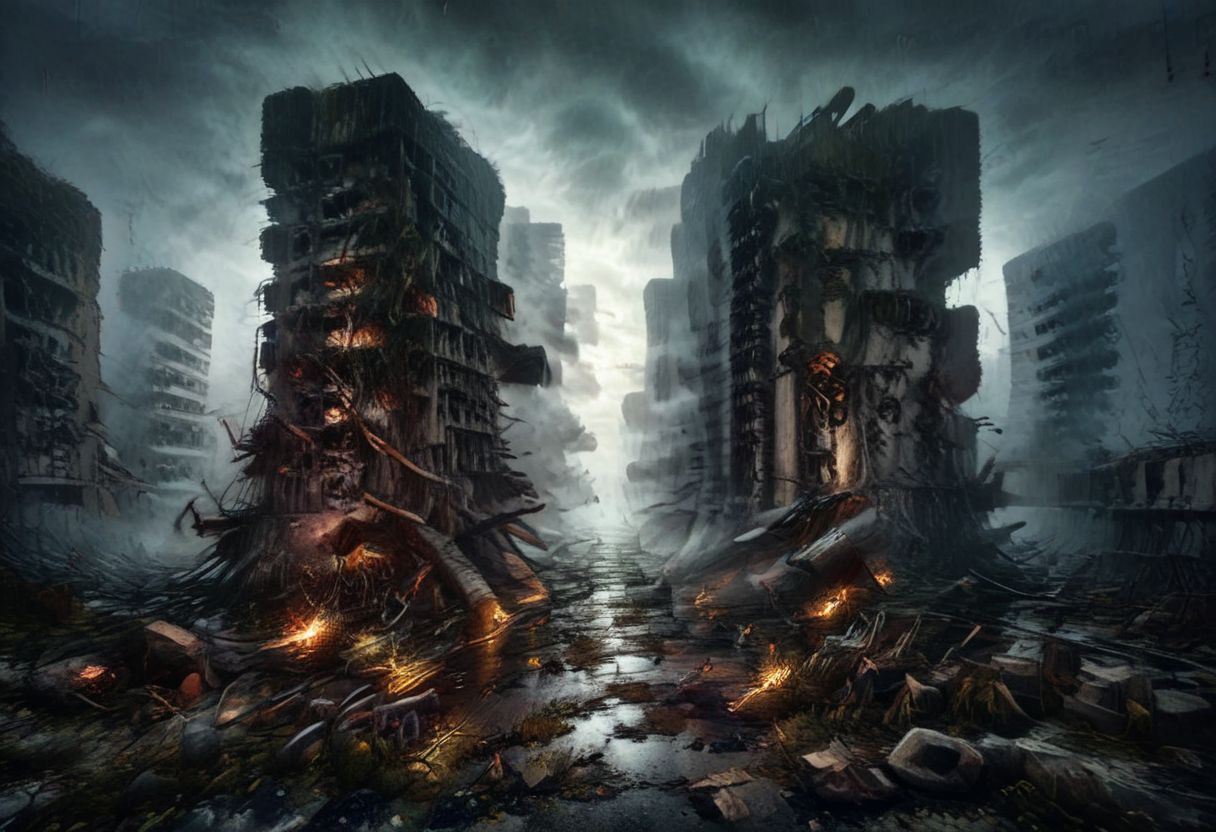 collapsed builds, Chern4byl enviroment , moss, nature overgrowing, dvr-lnds-sdxl , ruined buildings, mossy, moss on buildings, cloudy sky, shattered plains, grass , trees, nature, first person view, standing on street , tentacles, monster above, fpv , monster in sky, Cthulhu