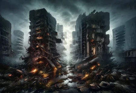 collapsed builds, Chern4byl enviroment , moss, nature overgrowing, dvr-lnds-sdxl , ruined buildings, mossy, moss on buildings, cloudy sky, shattered plains, grass , trees, nature, first person view, standing on street , tentacles, monster above, fpv , monster in sky, Cthulhu