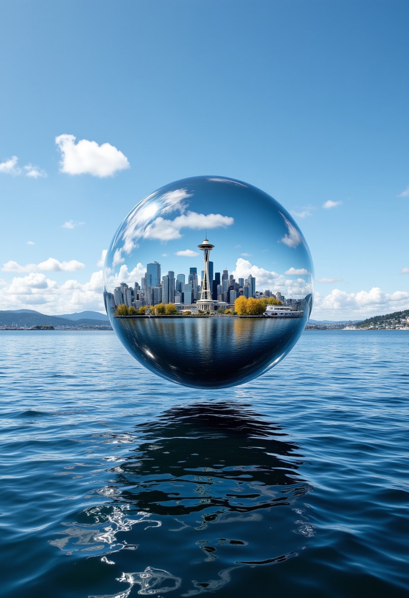 A city of Seattle Washington trapped inside a giant soap bubble floating over an endless ocean, with reflections bending and warping the skyline.
aidmafluxpro1.1, aidmaHyperrealism, aidmaMJ6.1