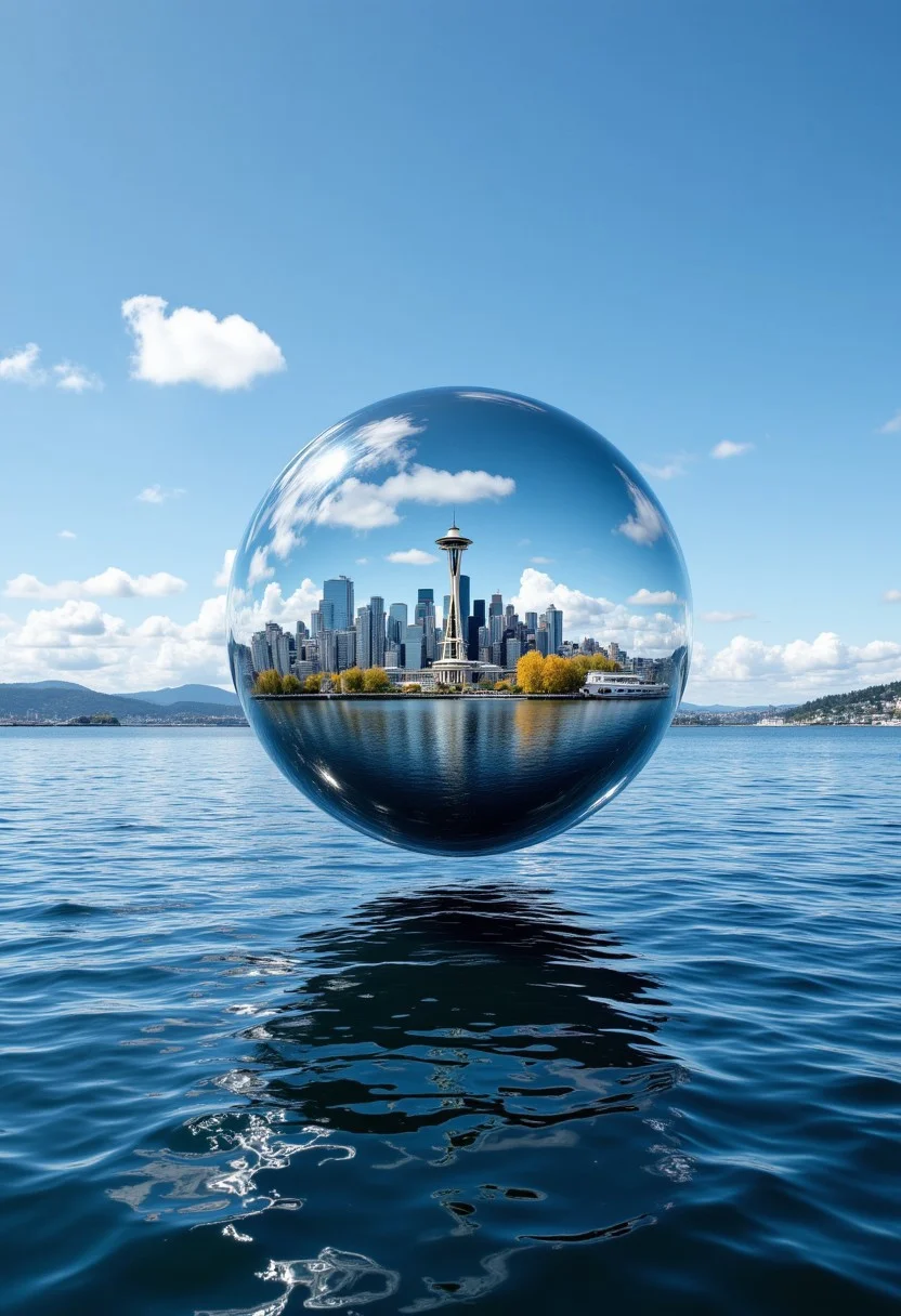 A city of Seattle Washington trapped inside a giant soap bubble floating over an endless ocean, with reflections bending and warping the skyline.
aidmafluxpro1.1, aidmaHyperrealism, aidmaMJ6.1
