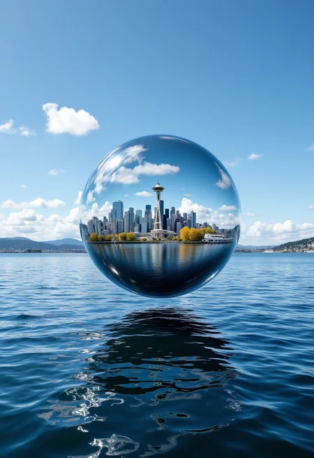 A city of Seattle Washington trapped inside a giant soap bubble floating over an endless ocean, with reflections bending and warping the skyline.
aidmafluxpro1.1, aidmaHyperrealism, aidmaMJ6.1