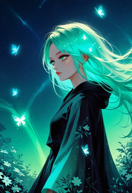 score_9, score_8_up, score_7_up, score_6_up, 1girl, solo, (long flowy hair), flowy skirt, green forest background, Bioluminescent plants and floating wisps illuminate the scene,((dynamic pose)), ((flowers)), ((glowing butterflies)), night time, dark theme, starry sky, glowing hair,Multiple waterfalls , cinematic, vivid colors,Ethereal moonstone, ((saturated neon colors)), perfect hands, anzhcdreamwave, aesthetic, Perfect Hands, aurora borealis, cowboy shot, dynamic angle, beautiful scenery,Cinematic Hollywood Film,warm light style, Goth girl,MythAn1m3,Expressiveh,Kakimaku