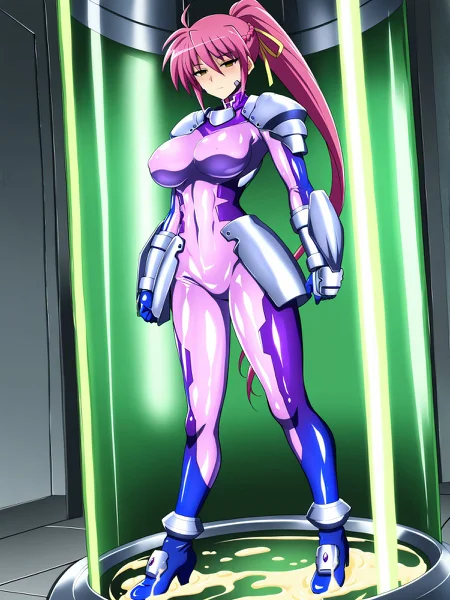 masterpiece, best quality, 1girl, solo, <lora:NumberSuitILV2:1>, signum yagami, yellow eyes, empty eyes, numbersuit, face harness, two tone blue bodysuit, glossy latex, large breasts, silver shoulder armor, silver gauntlets, blue gloves, blue ankle boots, waist armor, half-lidded eyes, standing in a fluid-filled green stasis tube, hands at sides