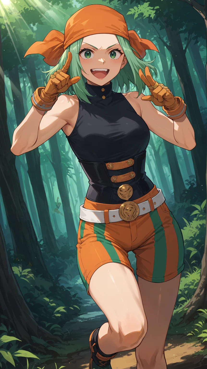 score_9,score_8_up,score_7_up,score_6_up, <lora:xl_more_art-full_v1:0.5>, source_anime, woman, dynamic pose, finger gun, <lora:Emi Fukukado (Ms.Joke) - Pony_2-000004:0.8>, medium hair, green hair, green eyes, orange bandana, black top, sleeveless, orange gloves, white belt, shorts, orange pants, green pants, striped pants, multicolored pants, black corset, happy, bare legs, knees, forest, deep forest, light rays,