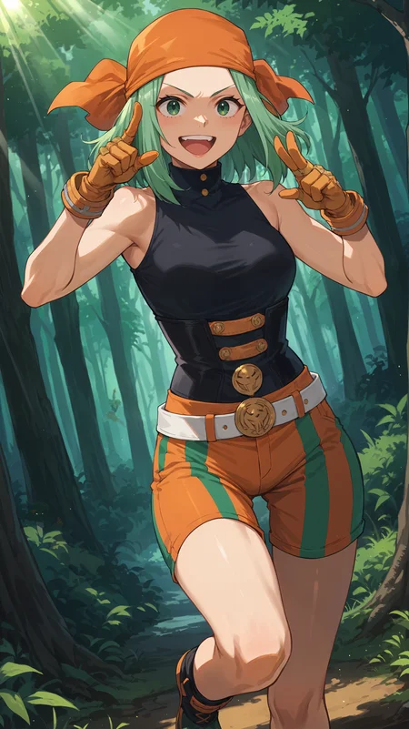 score_9,score_8_up,score_7_up,score_6_up, <lora:xl_more_art-full_v1:0.5>, source_anime, woman, dynamic pose, finger gun, <lora:Emi Fukukado (Ms.Joke) - Pony_2-000004:0.8>, medium hair, green hair, green eyes, orange bandana, black top, sleeveless, orange gloves, white belt, shorts, orange pants, green pants, striped pants, multicolored pants, black corset, happy, bare legs, knees, forest, deep forest, light rays,