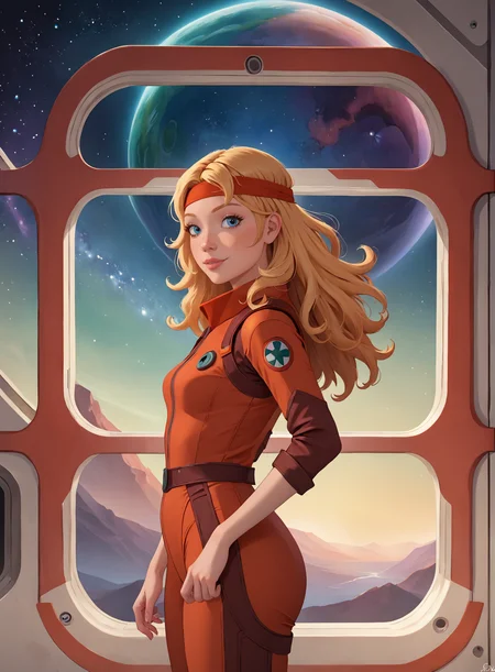 1girl, solo, alyonushka, headband, red pilot suit, cowboy shot, from side, looking at viewer, flowing hair, space station, stars, galaxies, sci-fi, <lora:melnica_girls_pxl_v1.1:0.7>