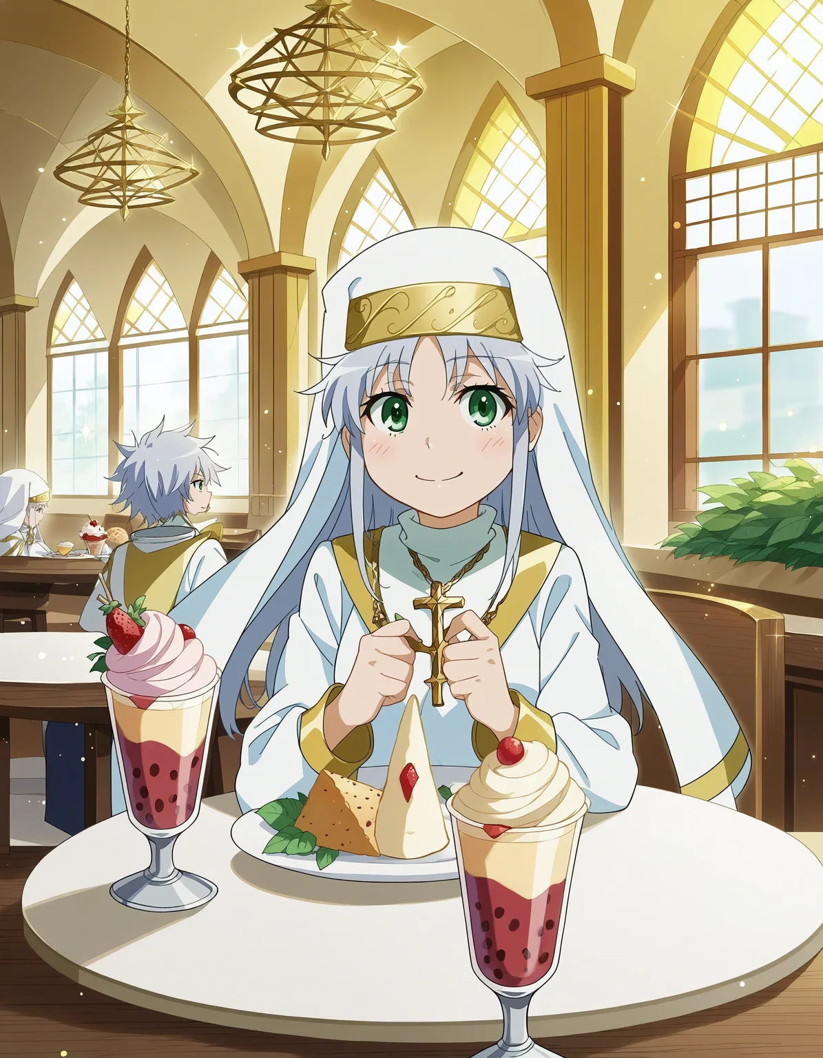 score_7_up, source_anime,
1girl, index, grey hair, nun, gold trim, habit, cafe, parfait, interior, light particles,
<lora:style_railgun-pony-v1.7:1>