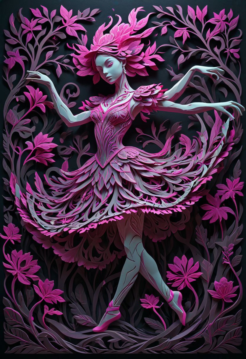 artpkplnt, illustration, dancer in the dark, 4k, uhd, warlock, masterpiece, Artpprct, in the style of papercutting, relief carving, nature, lazy lime and hot pink