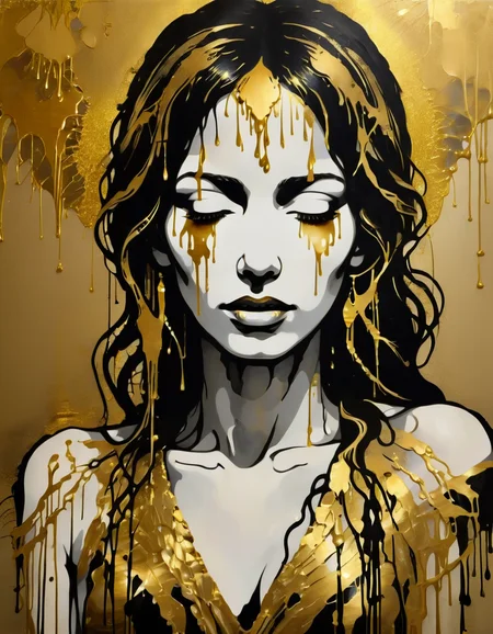 weeping woman, up close, gold drips, <lora:SDXLStencilStyleFAE:0.8> stencil style