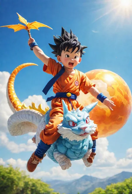 a masterpiece illustration of a boy playing dragon ball series riding a flying nimbus, blue sky, sunlight, bloom, bokeh,
