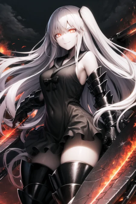 best quality, best anatomy, digital painting, aircraft carrier oni, abyssal ship, standing, arms at side, portrait, 1girl, evil smile, glowing, glowing eyes, pale skin, red eyes, very long hair, white hair, one side up, breasts, large breasts, black dress, sailor dress, sleeveless, gauntlets, armor, armored boots, thigh boots, thighhighs, zettai ryouiki, machinery, finely detailed background, amazing background
