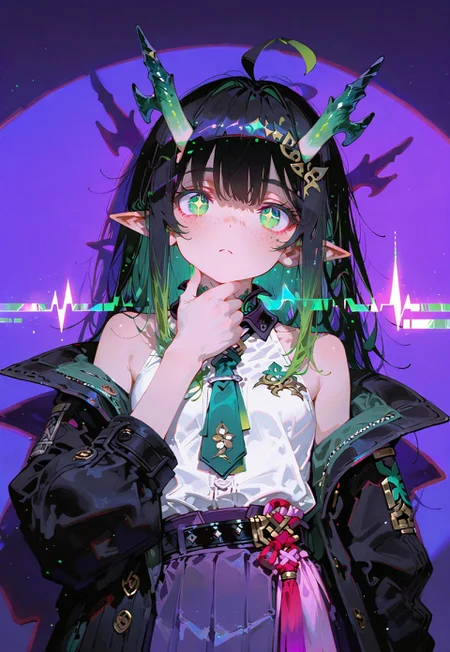 looking at viewer,bust shot,face focus

Contemplating look,hand on chin

1 girl,petite,loose unruly messy hair,messy bangs,black hair, (vibrant green accents hair:1.1),fair skin,dragon horns,green eyes,(sparkling eyes:1.1),freckles,ahoge,pointy ear

Large Black coat with green accent,coat hanging sleeves,white sleeveless buttoned shirt tucked in,green tie, exposed shoulder,dark purple skirt,black belt

Color background, bright purple background,(shadow:1.2), front lighting,glimmer, [scales design], sparkling,(anagylph refraction:1.5),(front spotlight:1.2),(purple hue:0.8),(colors green glow:1.4)

Cunnystyle,748cmstyle,Smooth_Quality,masterpiece,best quality,amazing quality, aesthetic,(vibrant colors:1.6),(bold lines:1.3),(saturated:1.5),(vhs effect:1.3)