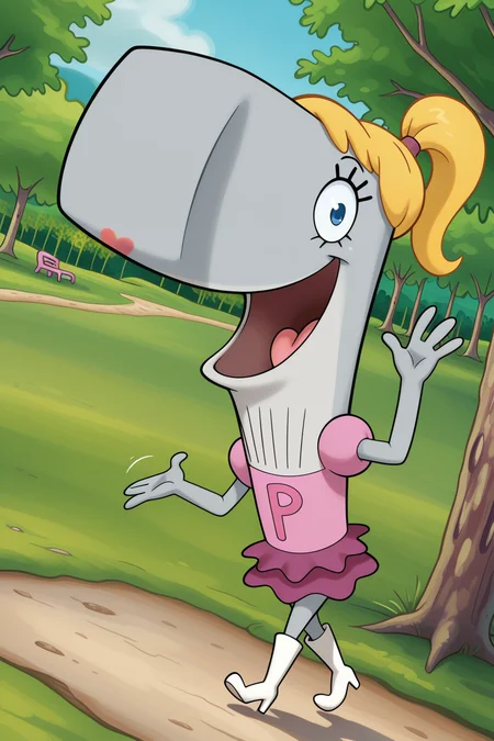 masterpiece, best quality, amazing quality, absurdres, solo, pearlkrabs, grey skin, smile, open mouth, waving, walking, dutch angle, looking at viewer, blonde hair, ponytail, pink dress, purple skirt, white heels, outdoors, park, trees, grass