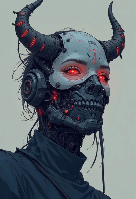 (S1n0z1ck style) An illustrated image of a cybernetic mask with horns. flat color