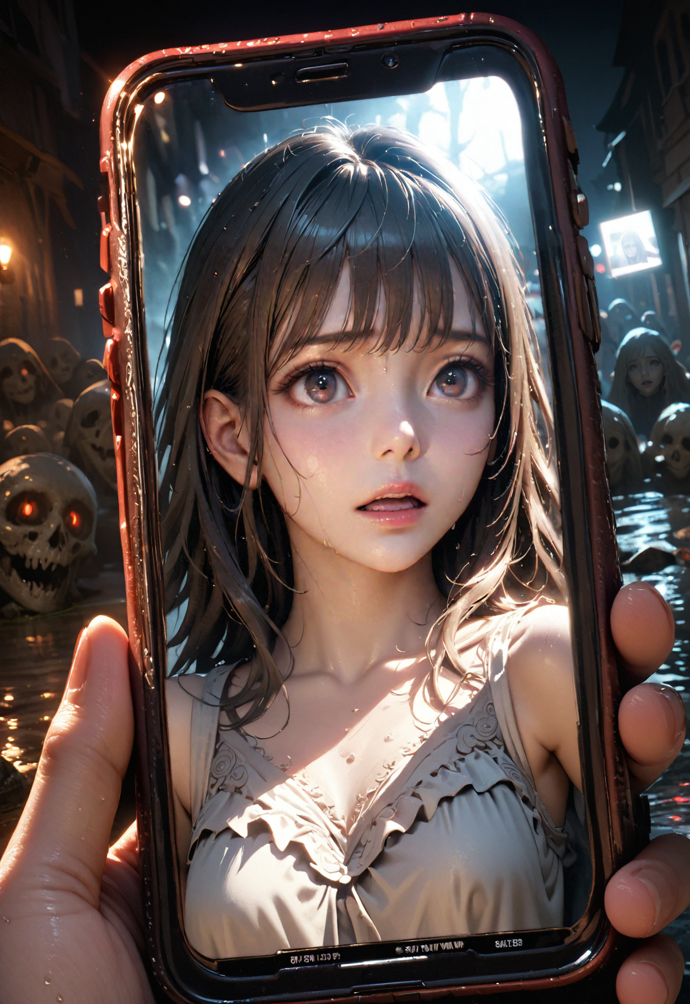 <lora:OMG-Is-DucHaiten_v1.0:1>, a creepy girl inside phone camera, see on screen, at night, reflection of a scared girl, scary scene, dark movie, perfect composition, beautiful detailed intricate insanely detailed, 8k artistic photography, photorealistic concept art, cinematic perfect light, chiaroscuro lighting