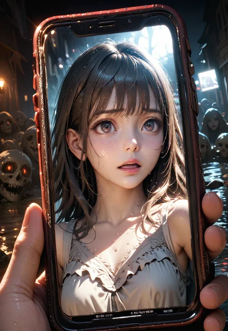 <lora:OMG-Is-DucHaiten_v1.0:1>, a creepy girl inside phone camera, see on screen, at night, reflection of a scared girl, scary scene, dark movie, perfect composition, beautiful detailed intricate insanely detailed, 8k artistic photography, photorealistic concept art, cinematic perfect light, chiaroscuro lighting