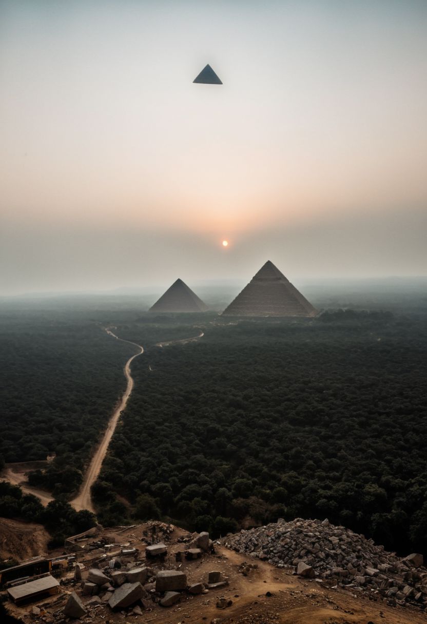 Create an impressive photo of modern-day pyramids under construction. A large, hovering alien mothership is suspended above the half-built pyramids, using a transporter beam to move massive stones to the new White marble structure. The scene should evoke a sense of awe and futuristic wonder, combining ancient architectural grandeur with advanced extraterrestrial technology.
deep Blacks, very detailed, atmospheric haze, Film grain, cinematic film still, shallow depth of field, highly detailed, high budget, cinemascope, moody, epic, OverallDetail, 2000s vintage RAW photo, photorealistic, candid camera, color graded cinematic, eye catchlights, atmospheric lighting, imperfections, natural, shallow dof